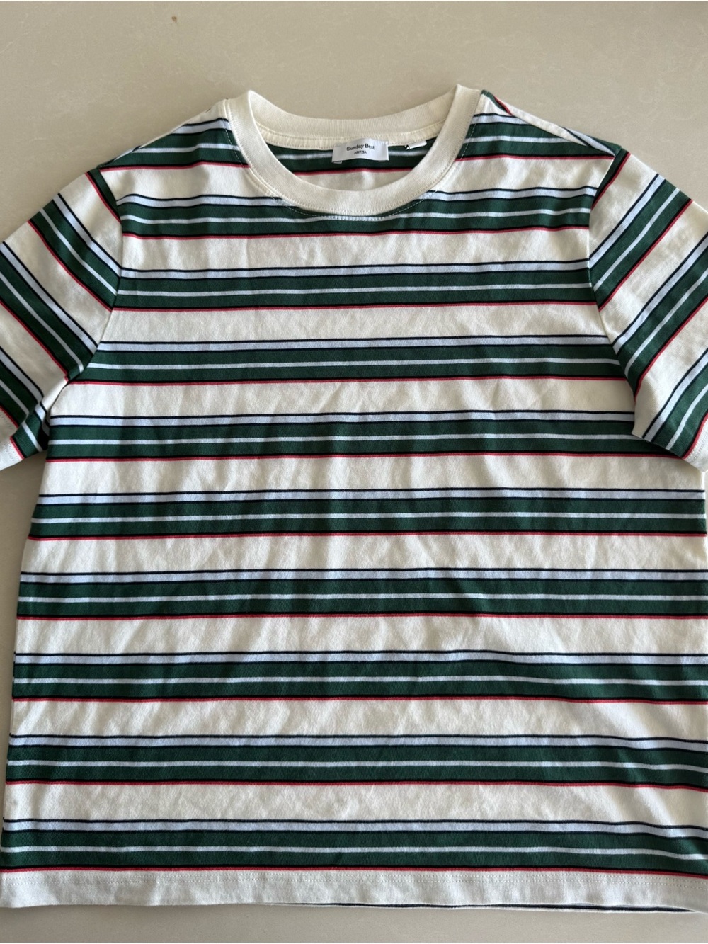 Aritzia Striped Crewneck Tee in Cream, Forest Green & Red Size XS